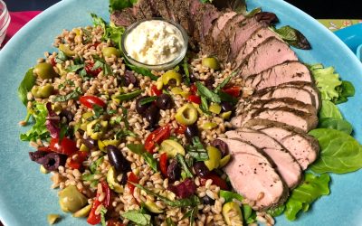 Herb Rubbed Pork Tenderloin with Farro Salad and Feta Dressing