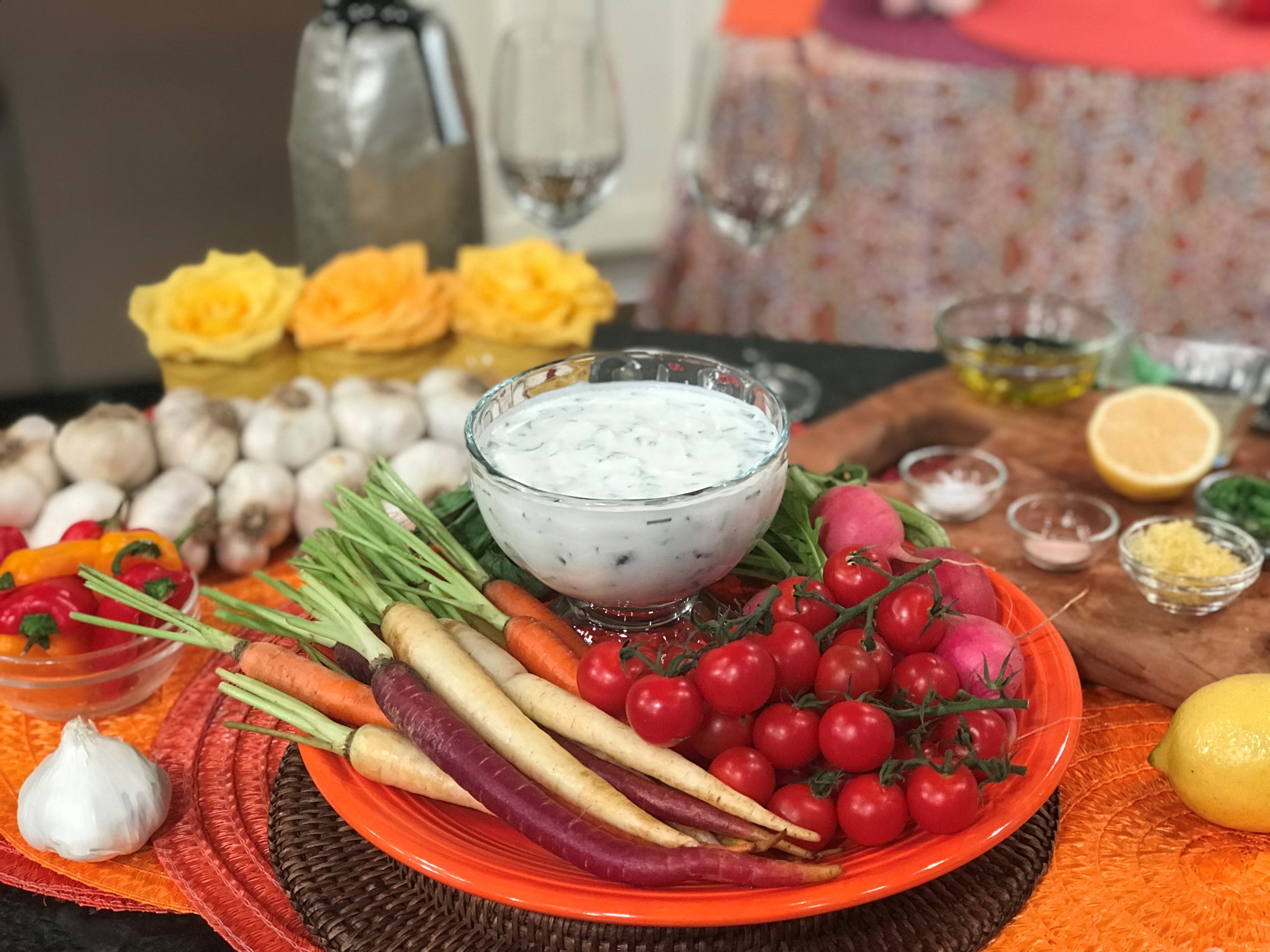 Spicy Tuesday Med Lemon and Garlic Dip with Fresh Veggies – Chives