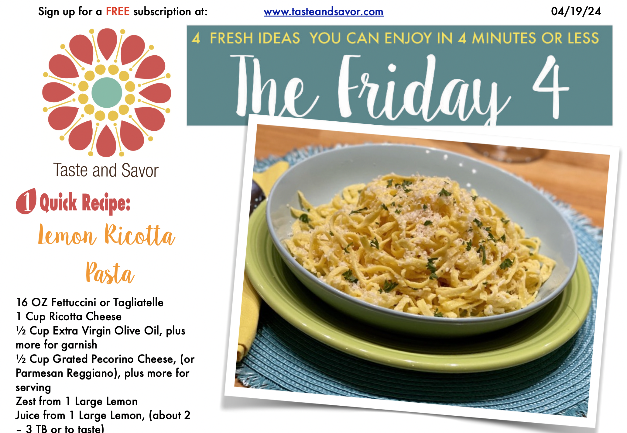 Friday Four – Lemon Ricotta Pasta