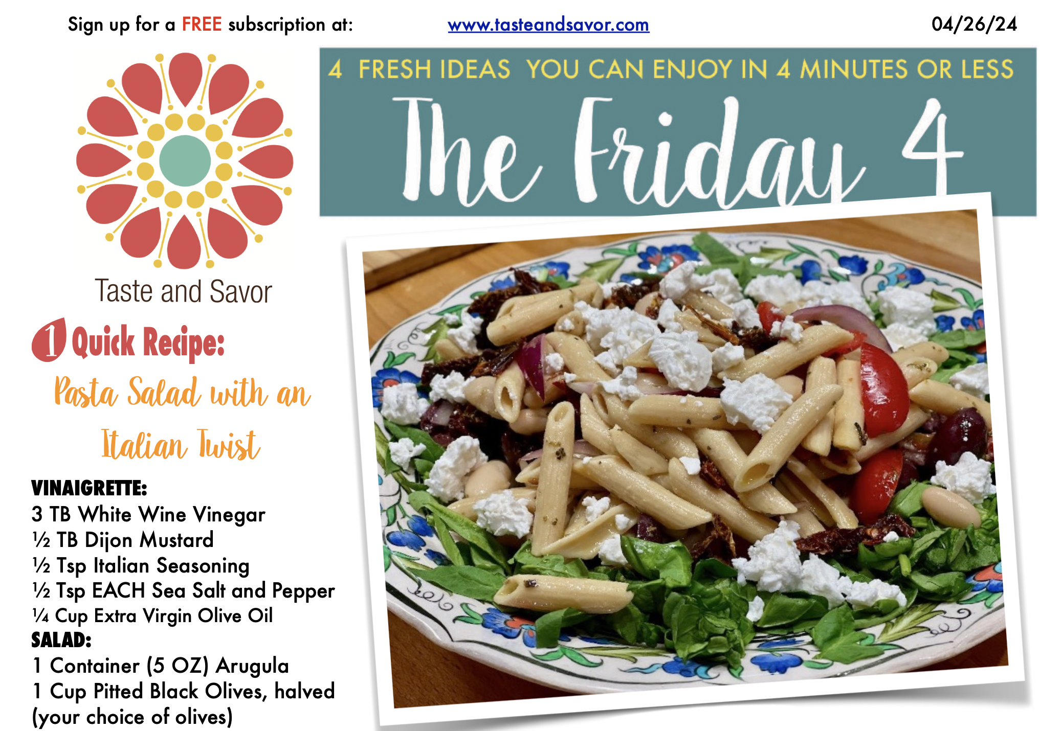 Friday Four – Pasta Salad with an Italian Twist – 042524