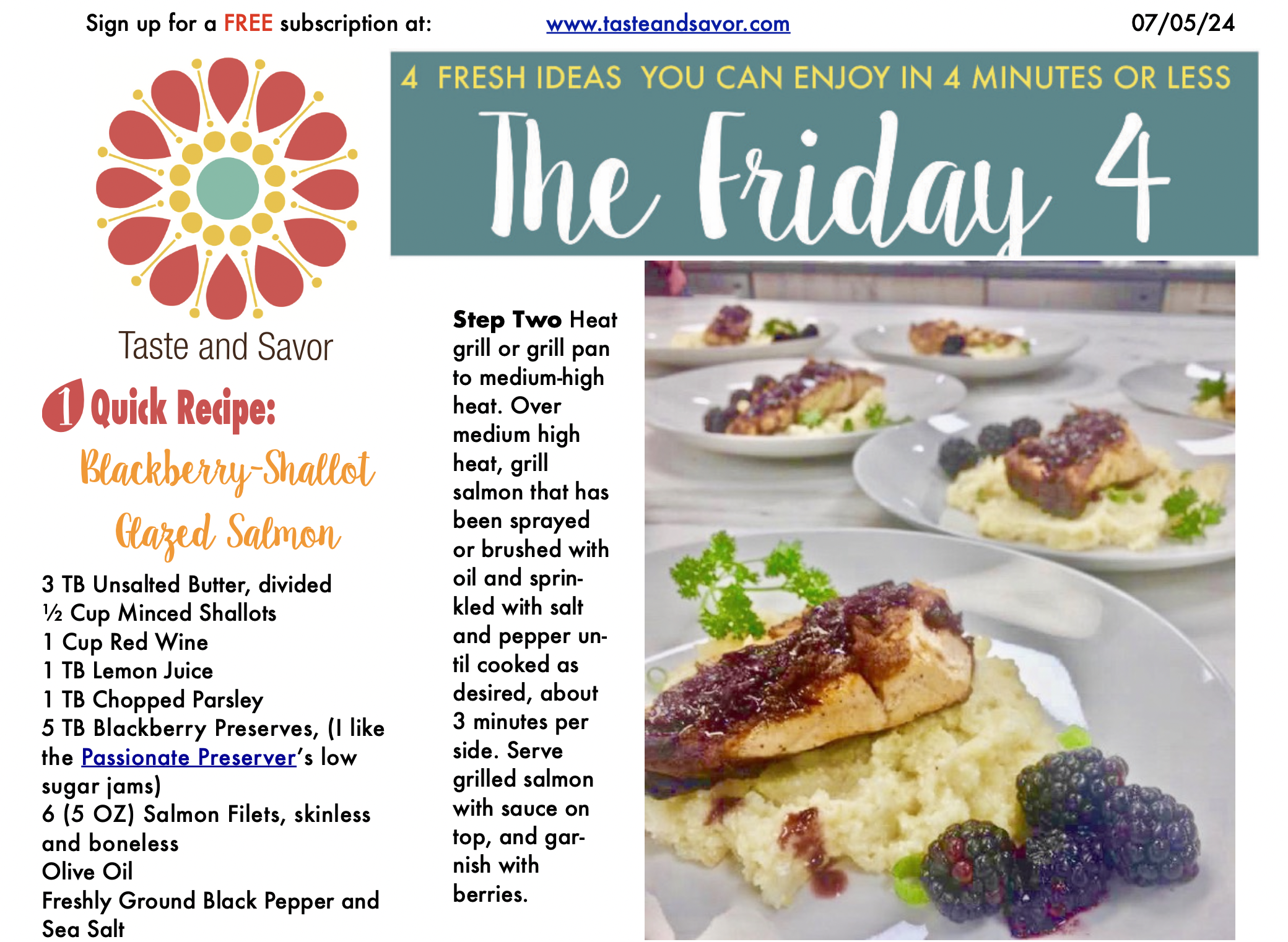 Friday Four – Blackberry-Shallot Glazed Salmon – 070524